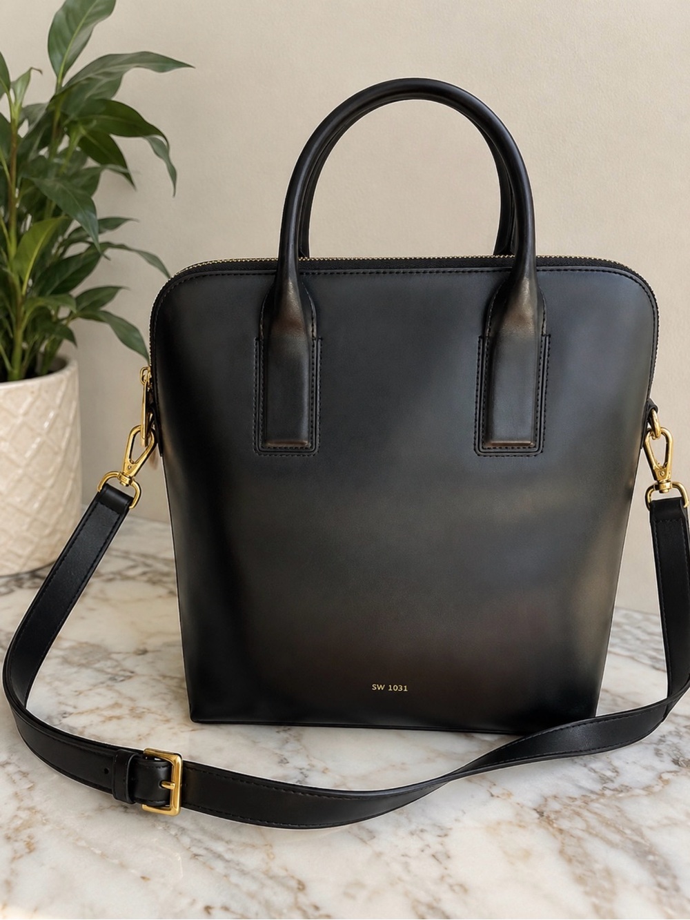 Structured Black Leather Satchel with Detachable Strap
